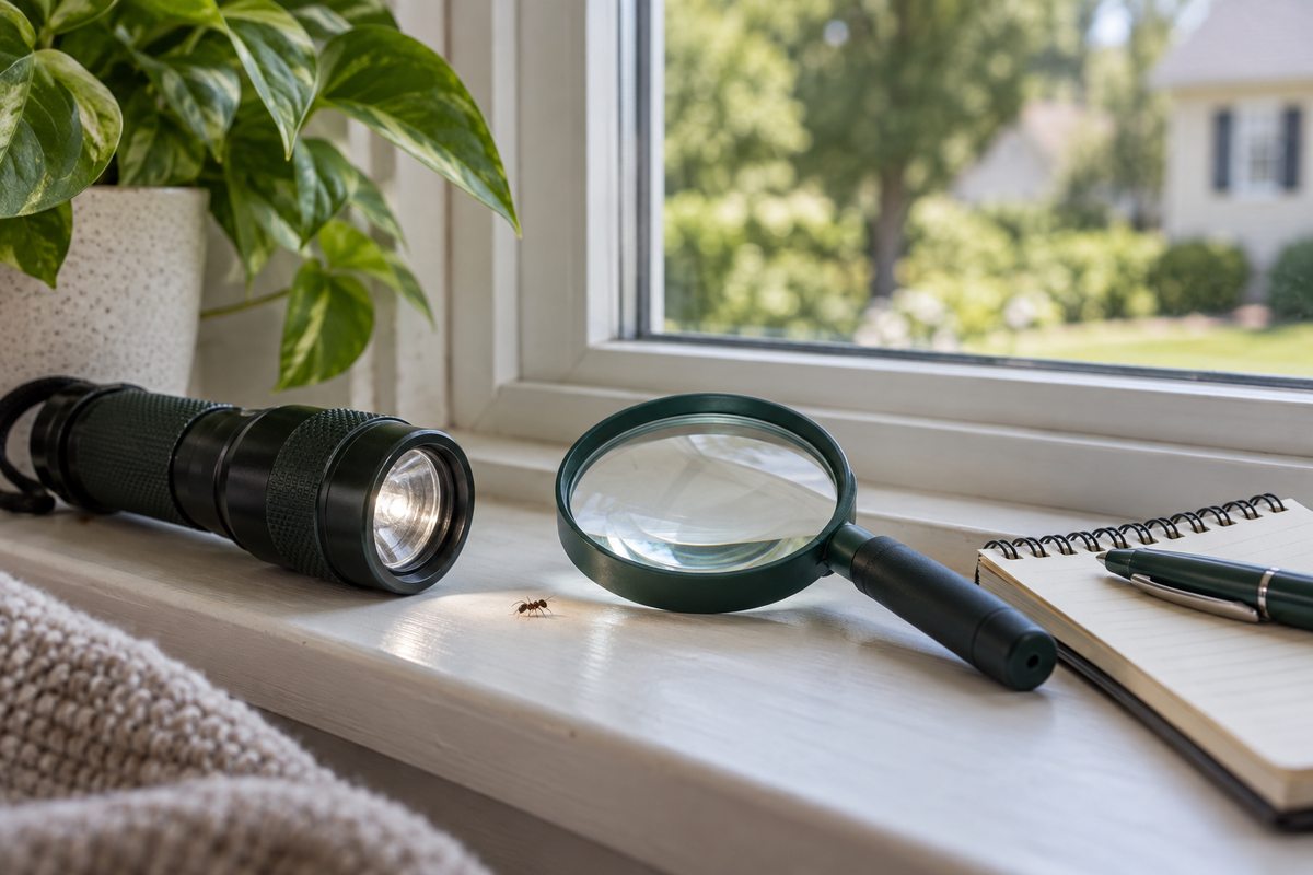 Flashlight and magnifying glass beside a window